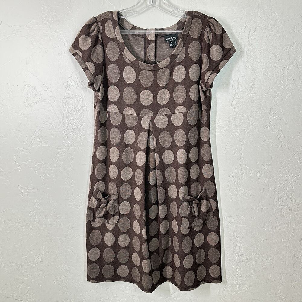 En Focus Studio Dress 14 Brown Chiffon Polka Dot Overlay Sheer Short Sleeve